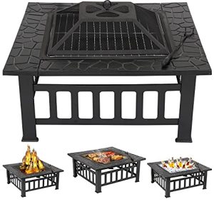 ZENY 32" Outdoor Fire Pit Square Table Metal Firepit Table Backyard Patio Garden Stove Wood Burning Fireplace w/ Waterproof Cover, Spark Screen and Poker